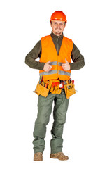 construction worker in a helmet with toolbelt show thumbs up in orange security vest