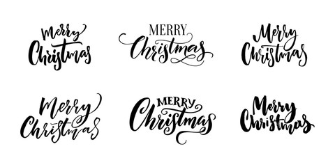 Merry Christmas text inscriptions. Set of calligraphy and hand lettering for Christmas greeting cards, tags and overlays. Black words isolated on white background.