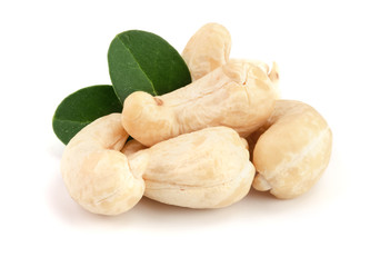 cashew nuts with leaf isolated on white background. macro