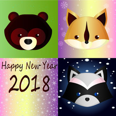 New Year greeting card with cute cartoon forest animals: teddy bear, funny squirrel and cute raccoon on bright gradient background. Collection of forest inhabitants