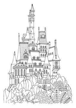An old castle with many towers. Hand drawn picture. Sketch for anti-stress adult coloring book in zen-tangle style. Vector illustration for coloring page, isolated on white background.