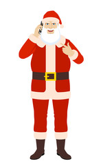 Self-promotion. Santa Claus talking on the mobile phone and pointing at himself