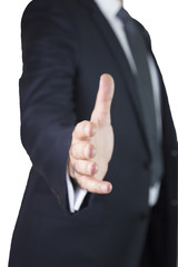 business man hand extended to handshake isolated on white background. Business man offers his hand ready to seal a deal