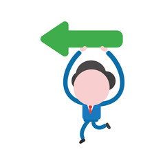 Vector illustration concept of faceless businessman character running, holding up and carrying arrow showing left