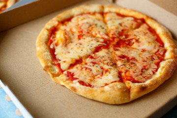 View from above. Pizza delivery. Pizza menu.