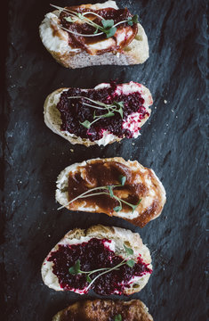 Bread slices with different homemade spreads