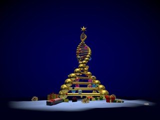 3D illustration of DNA strand as a new years Christmas tree with presents and ornaments