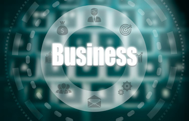 A business concept on a futuristic computer display over a blured image of a keyboard.