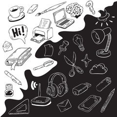 Creative Agency Wallpaper With Artistic Cartoon Hand Drawn Sketchy Line Art Style Drawings Illustrations Design Of Essential Related Objects Of Every Day Working Things And Tools.