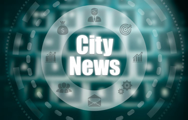 A city news concept on a futuristic computer display over a blured image of a keyboard.