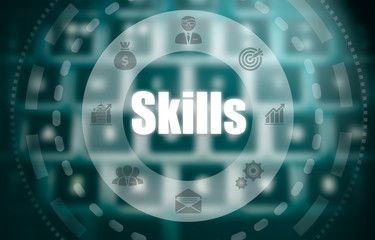 A skills concept on a futuristic computer display over a blured image of a keyboard.