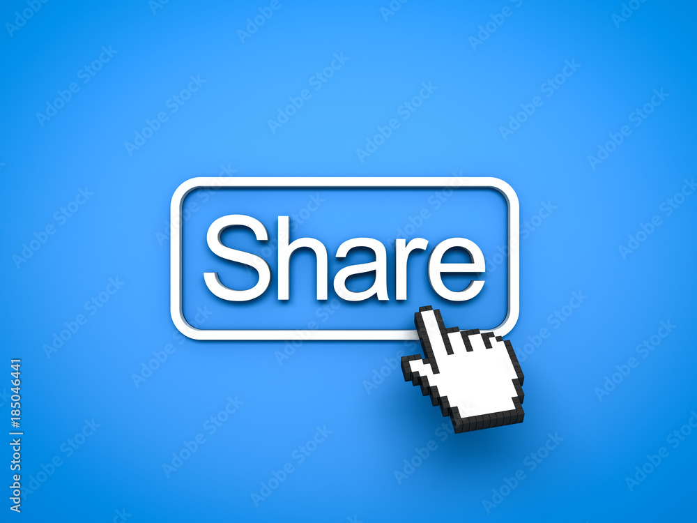 Aufkleber Share button with computer hand cursor isolated on blue background. 3D rendering.