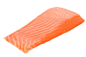 A piece of fresh raw salmon fish on a white background isolated, clipping path, full depth of field