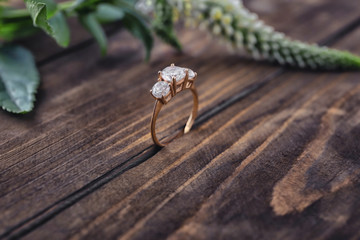 Beautiful engagement ring on wooden background