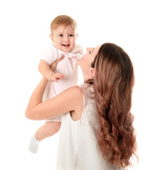 Young mother with baby on white background