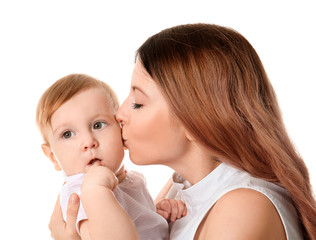 Young mother with baby on white background
