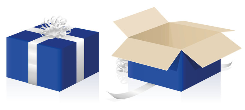 Gift package, wrapped and unwrapped blue parcel, closed and opened present carton box - 3d isolated vector illustration on white background.