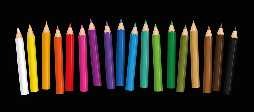 Short crayons - small colored baby pencil collection loosely arranged - isolated vector illustration on black background.