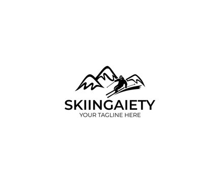 Skiing Logo Template. Mountains and Skier Vector Design. Slalom Illustration