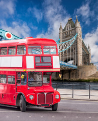 Tower Bridge with double decker bus in London, England, UK