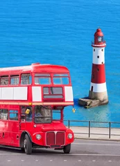 Muurstickers Beachy Head lighthouse with double decker bus in England, Eastbourne, UK © Tomas Marek