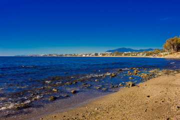 Fototapeta na wymiar Beach. The best views of the beach in Marbella. Malaga province, Costa del Sol, Andalusia, Spain.