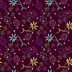 Fototapeta na wymiar Seamless hand-drawn abstract floral design. Outline flowers on a lilac background.