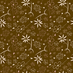 Seamless hand-drawn abstract floral design. Outline flowers on a background of hakki.