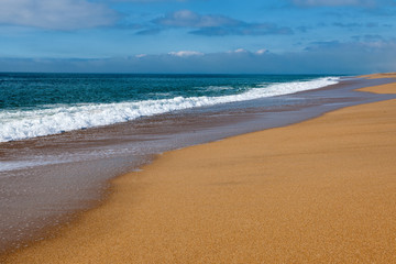Rough but beautiful coast of Brittany with waving and splashing sea
