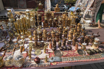 Yerevan, Armenia, September 17, 2017: Pepper grinders on the stand at the marketplace in Yerevan