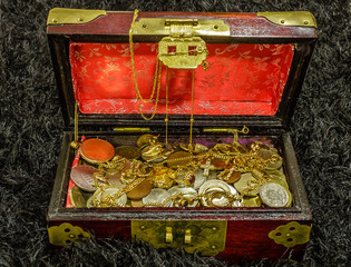 Treasure chest filled with coins and jewelry