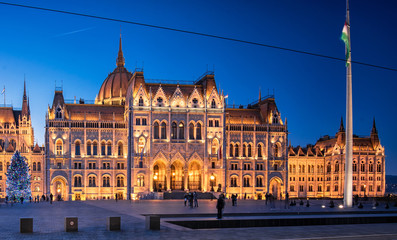 Fototapeta premium View on the Hungarian Parliament with the Christmas tree