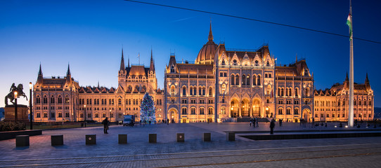 View on the Hungarian Parliament with the Christmas tree