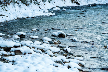 Landscape with mountain river in winter