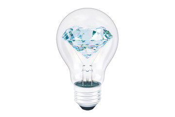 Diamond inside lightbulb. Brilliant idea concept, 3D rendering