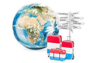 Luxembourg travel concept. Suitcases with signpost and Earth Globe, 3D rendering