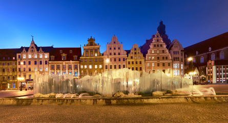 Fototapeta na wymiar Market square at night in Wroclaw, Poland, panoramic image