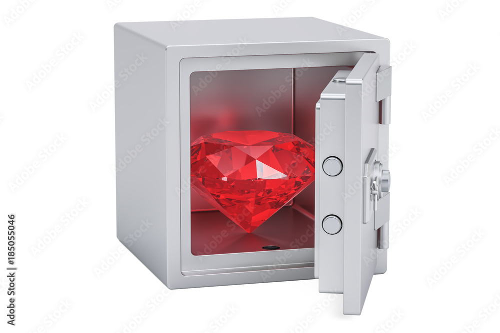 Poster safe box with gemstone, 3d rendering