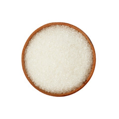 Close up wooden bowl full of white sugar isolated