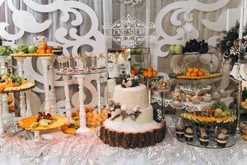 The wedding buffet is decorated in the winter theme.