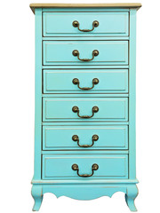 Vintage wooden turquoise chest of drawers isolated on white background. Chest of 6 six drawers