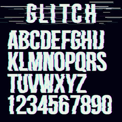 Trendy style distorted glitch  typeface alphabet. Letters and numbers:  A to Z and numbers from 0 to 9. Green and red channels. Vector illustration.