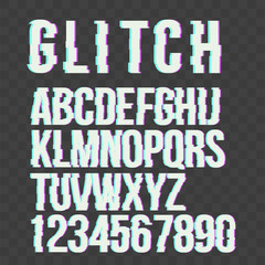 Trendy style distorted glitch  typeface alphabet. Letters and numbers:  A to Z and numbers from 0 to 9. Green and red channels on transparent background. Vector illustration.