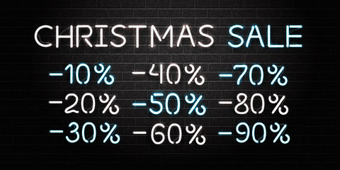 Vector realistic isolated neon sign for Christmas Sale with discount numbers for decoration and covering on the wall background. Concept of Merry Christmas and Happy New Year.