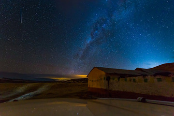 Night sky stars Milky Way  village house view, Peru.