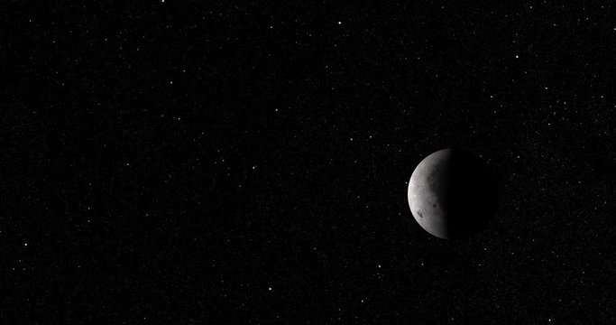 Straight-line dolly away from Earth's moon at 270 degrees longitude. Accurate: star field does not recede. Reversible, can be rotated 180 degrees. Data: NASA/JPL