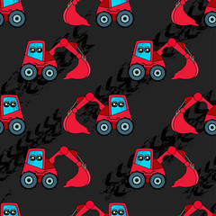 Cute kids car, tractor pattern for girls and boys. Colorful car, auto, tractor on the abstract bright background create a fun cartoon drawing. Urban pattern for textile and fabric, kids. Neon color