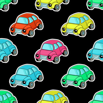Cute kids car pattern for girls and boys. Colorful car, auto on the abstract bright background create a fun cartoon drawing. Urban pattern for textile and fabric, kids, Multicolor background