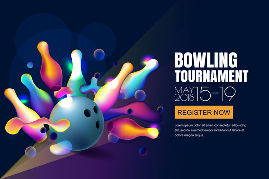 Vector glowing neon bowling tournament banner or poster with multicolor 3d bowling balls and pins.