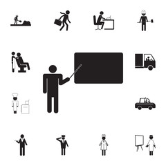 Teacher teaches schoolchildren icon. Set of professions disasters icons. Signs and symbols collection, simple icons for websites, web design, mobile app, info graphics